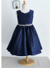 Beaded Navy Blue Taffeta Knee Length Flower Girl Dress 